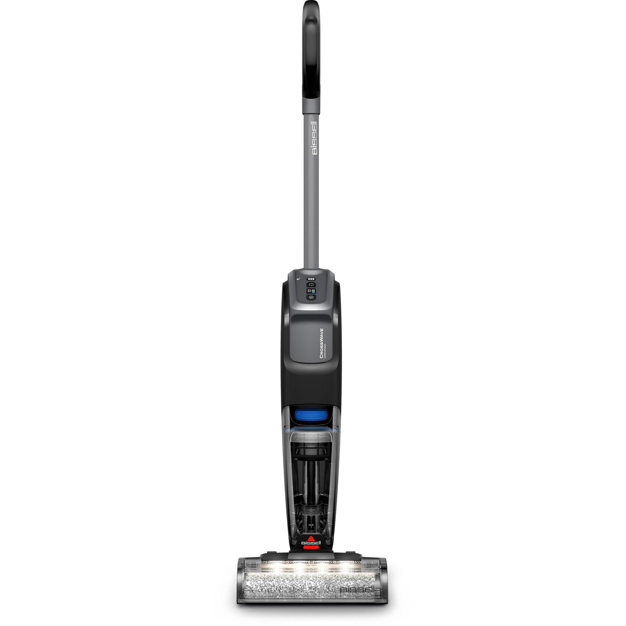 Ein Bissell CrossWave Staubsauger steht aufrecht. Er ist grau und schwarz mit einem transparenten Wassertank.