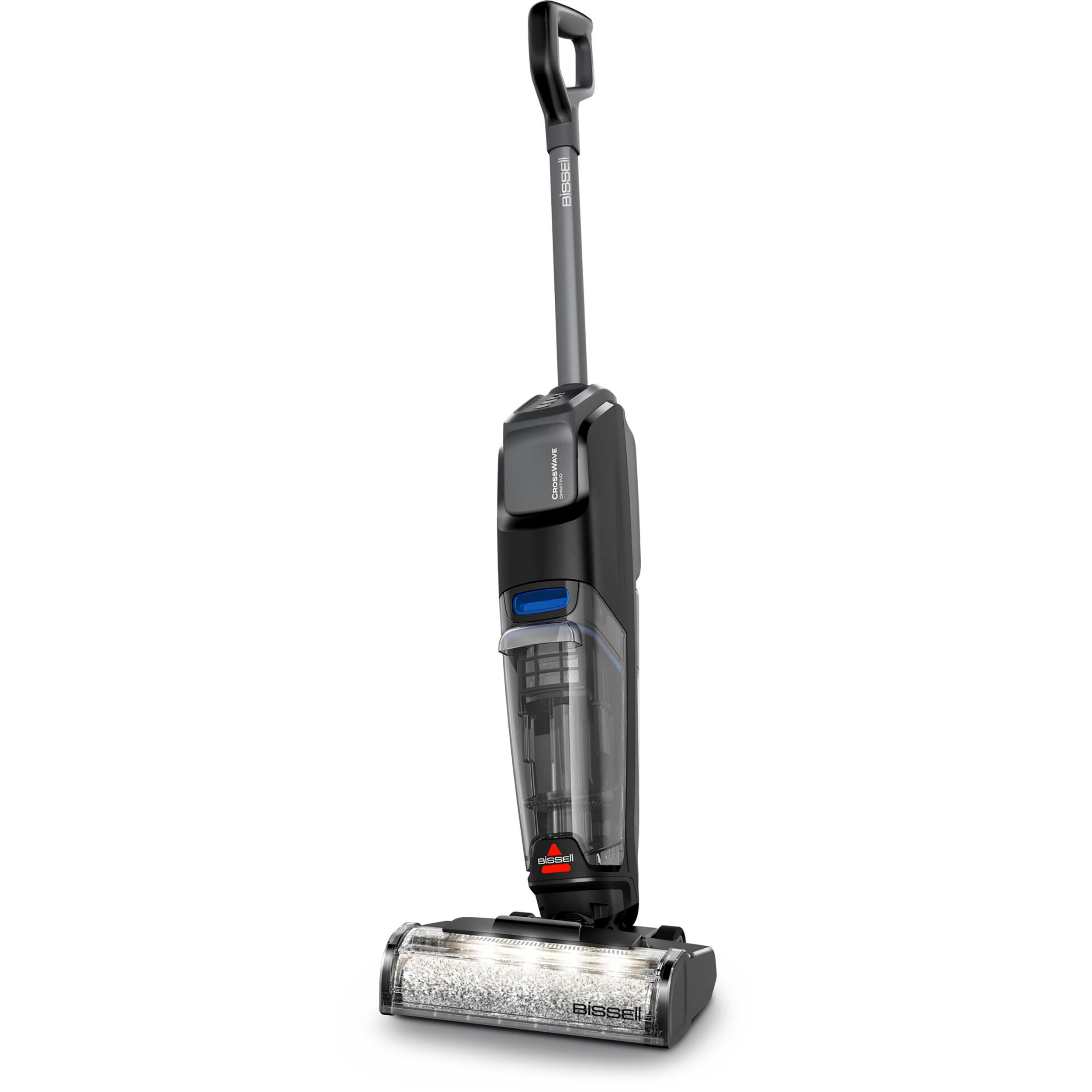 Bissell CrossWave Staubsauger. Aufrecht mit Griff und Wassertank. Weißer Hintergrund.