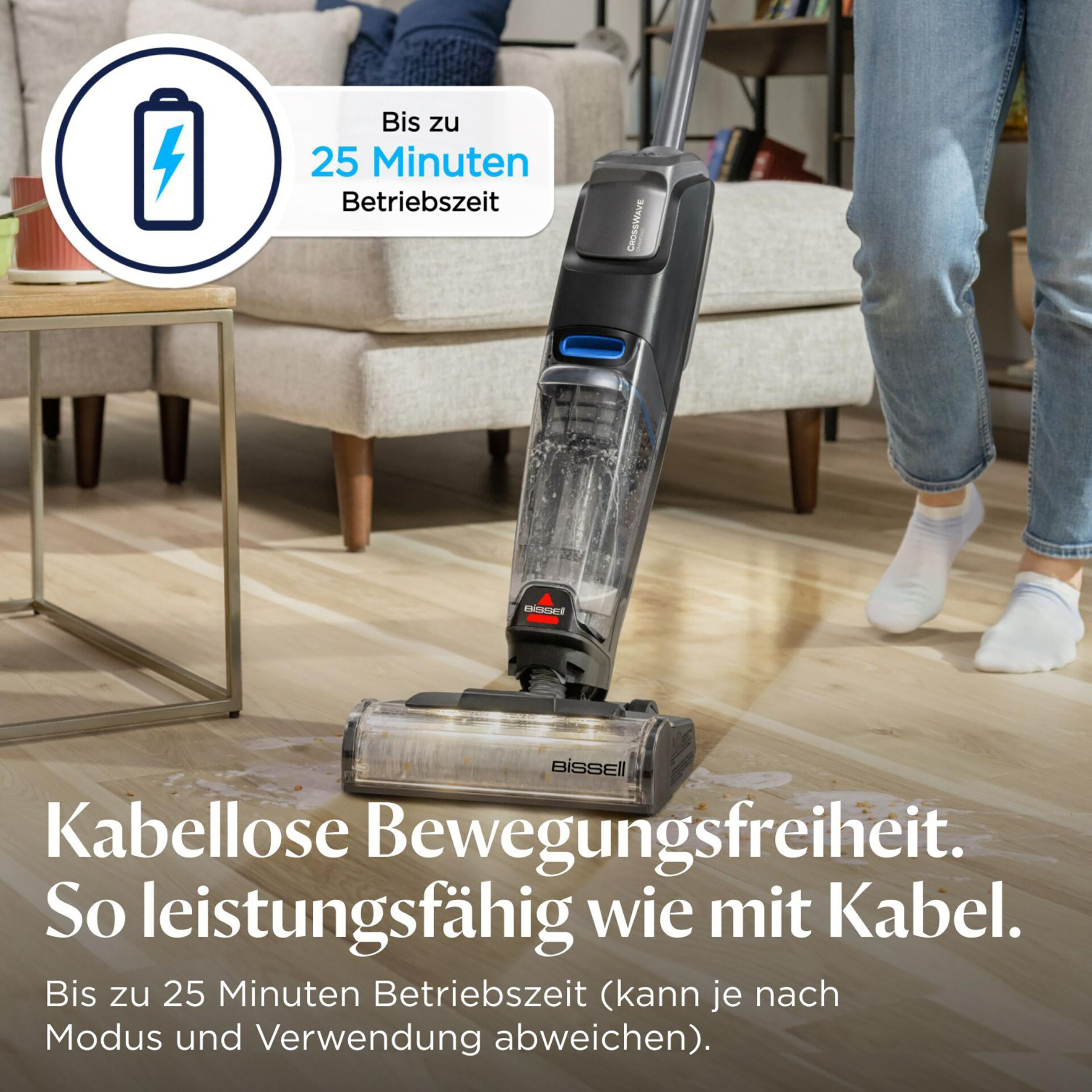 Ein kabelloser Staubsauger auf einem Holzboden, mit Text-Overlays und einem Akku-Symbol.