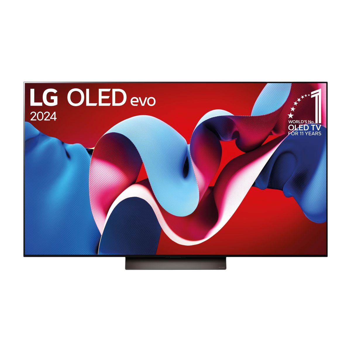 LG OLED Evo TV, schwarzer Rahmen, abstraktes rot/blaues Design, schwarzer Hintergrund. Text: LG OLED evo 2024, Nr. 1 der Welt.