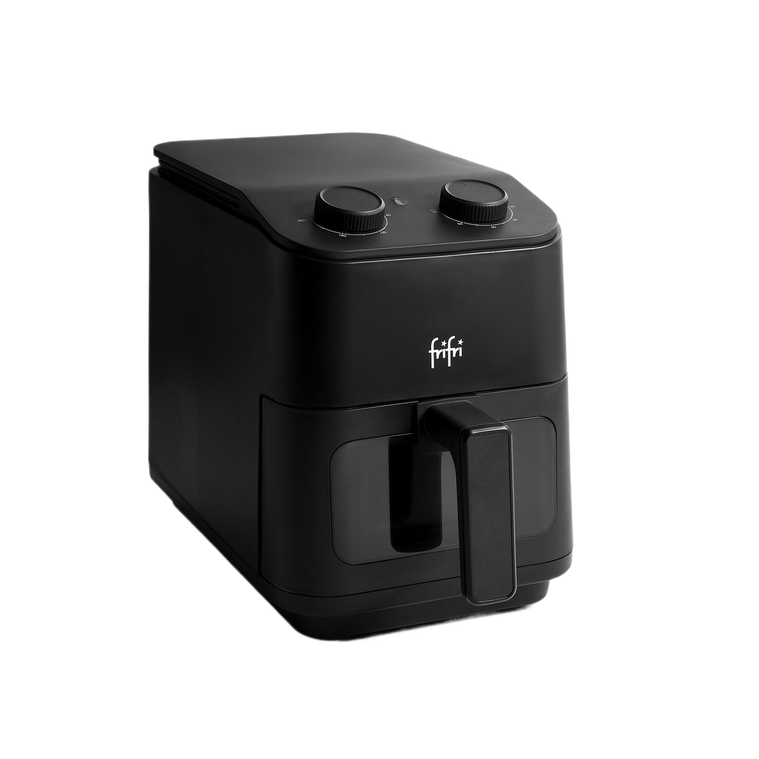 Een zwarte airfryer met twee draaiknoppen en een handvat op een zwarte achtergrond.