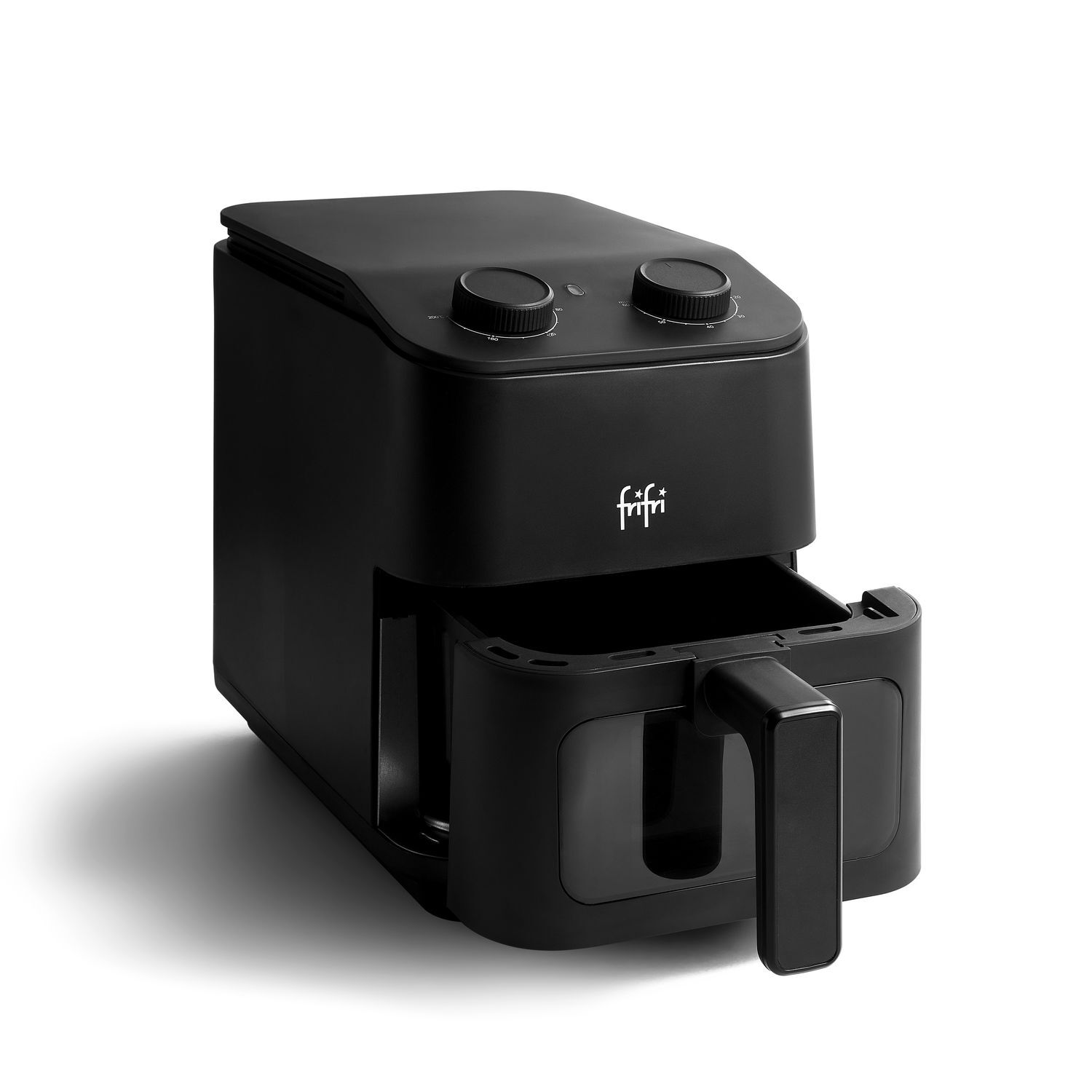 Zwarte airfryer met handvat en twee bedieningsknoppen.