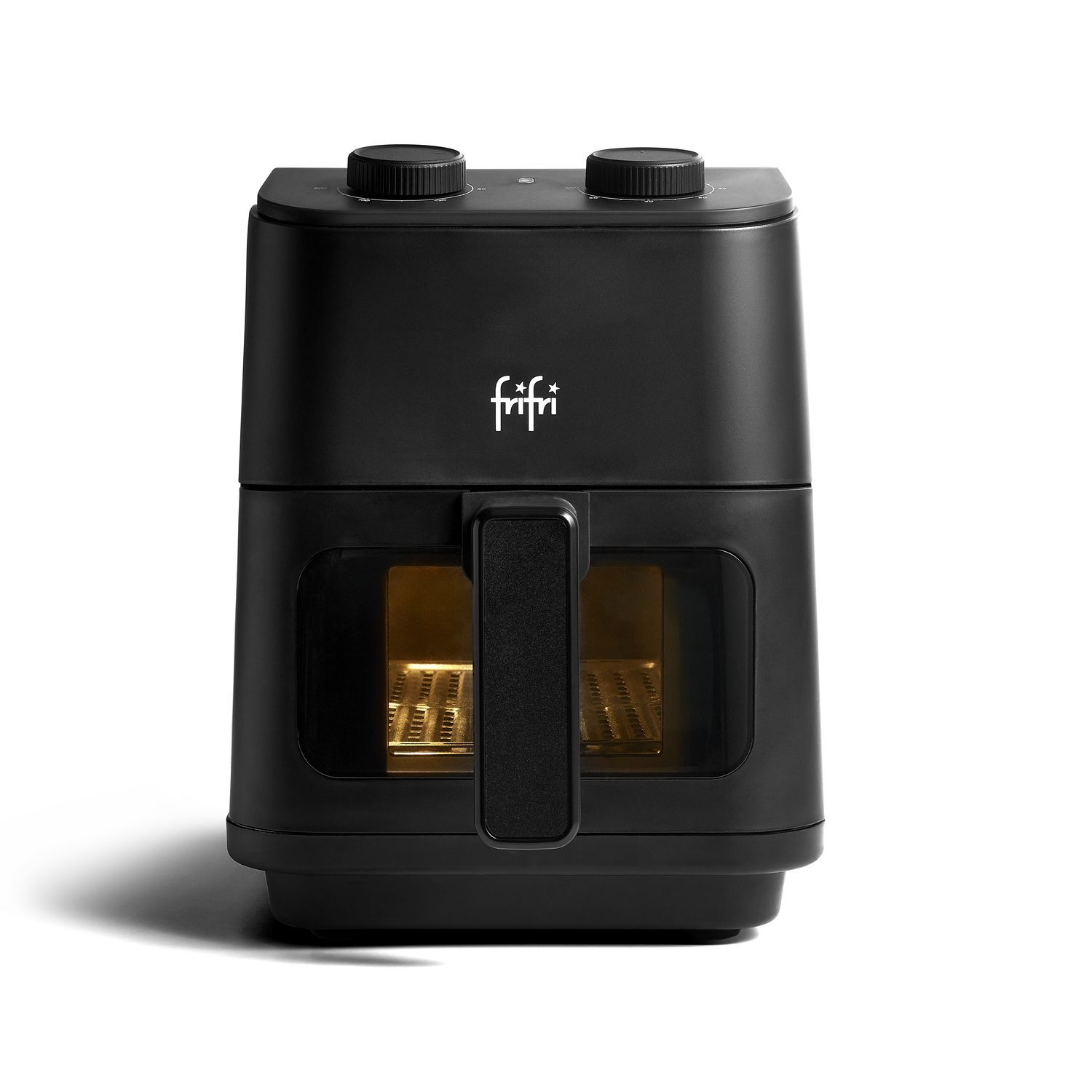 Zwarte airfryer met een handvat en twee zichtbare compartimenten.