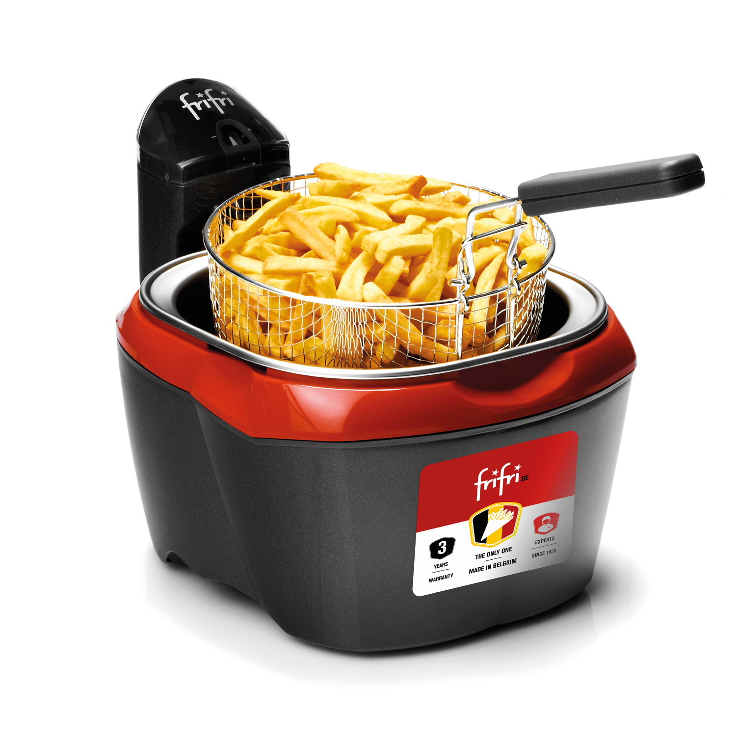 Frying machine with fries inside. Red and black colors.  White background.