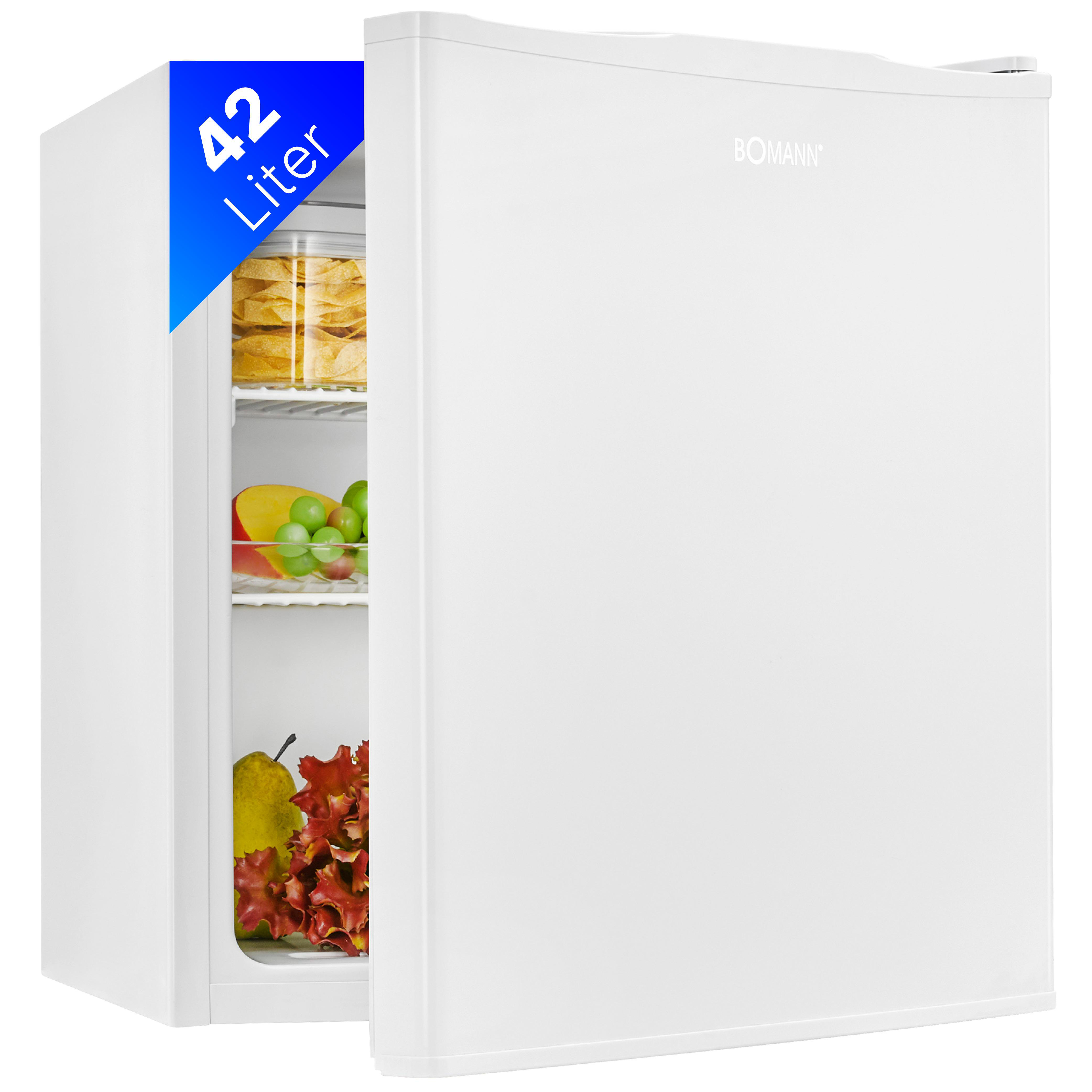 Ein weißer Mini-Kühlschrank mit offener Tür, gefüllt mit Lebensmitteln.