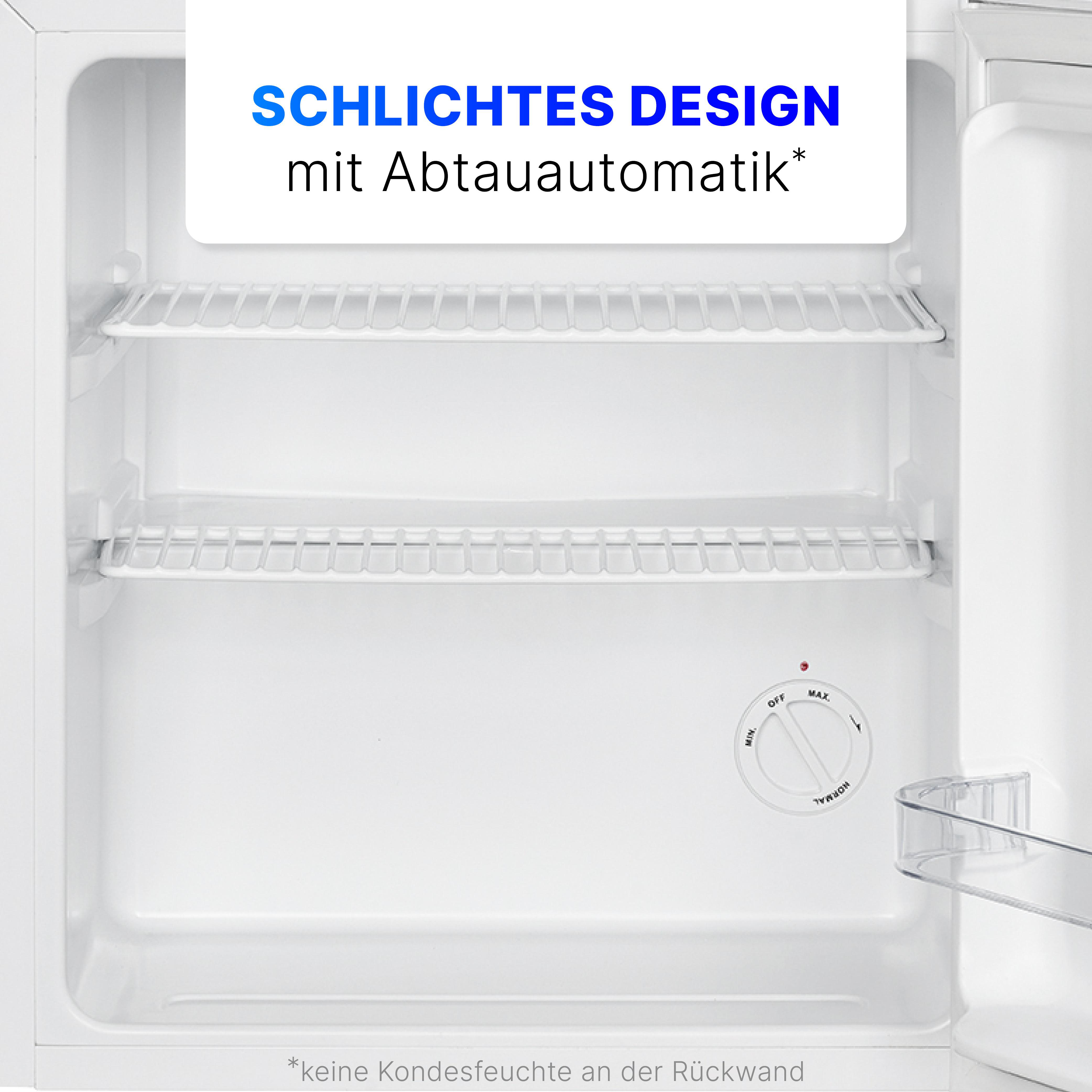 Ein weißer Kühlschrankinnenraum mit zwei Regalen und einem Temperaturregler.