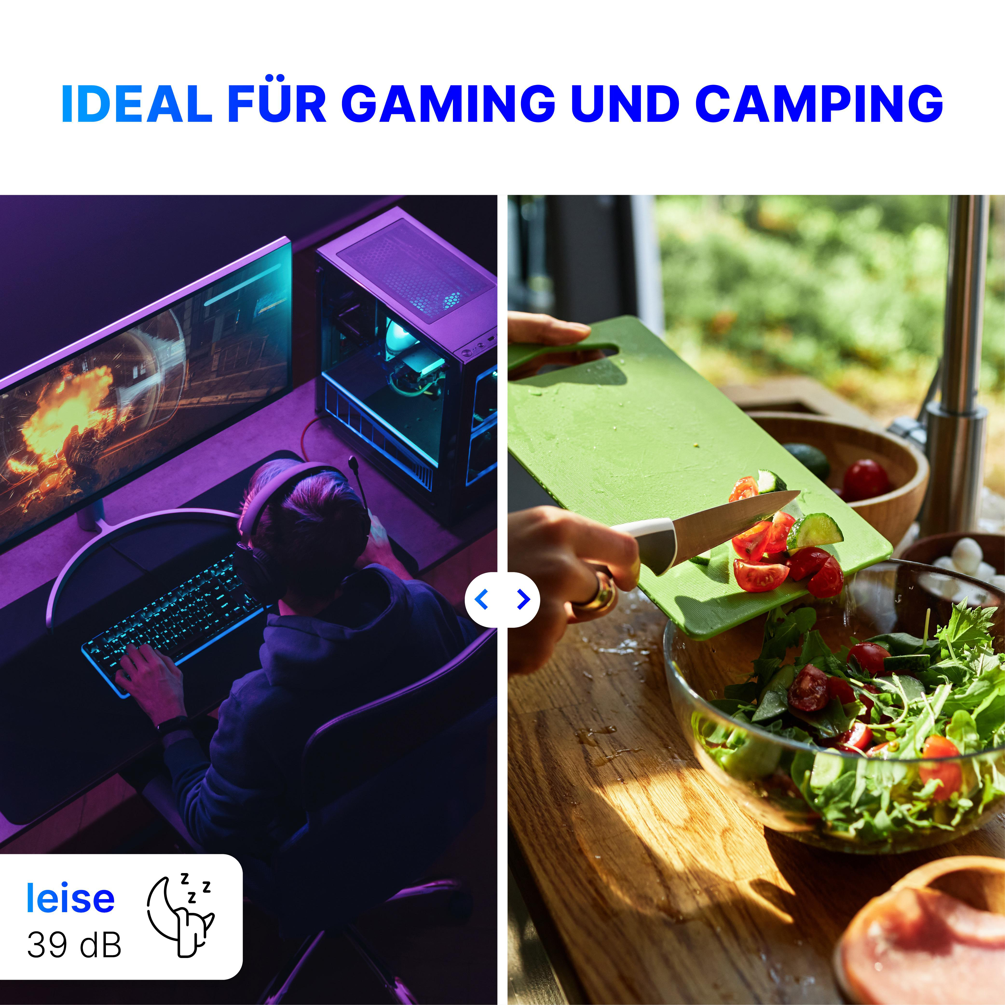 Nebeneinander: Person spielt Videospiel und bereitet Salat zu. Text: Ideal für Gaming und Camping.