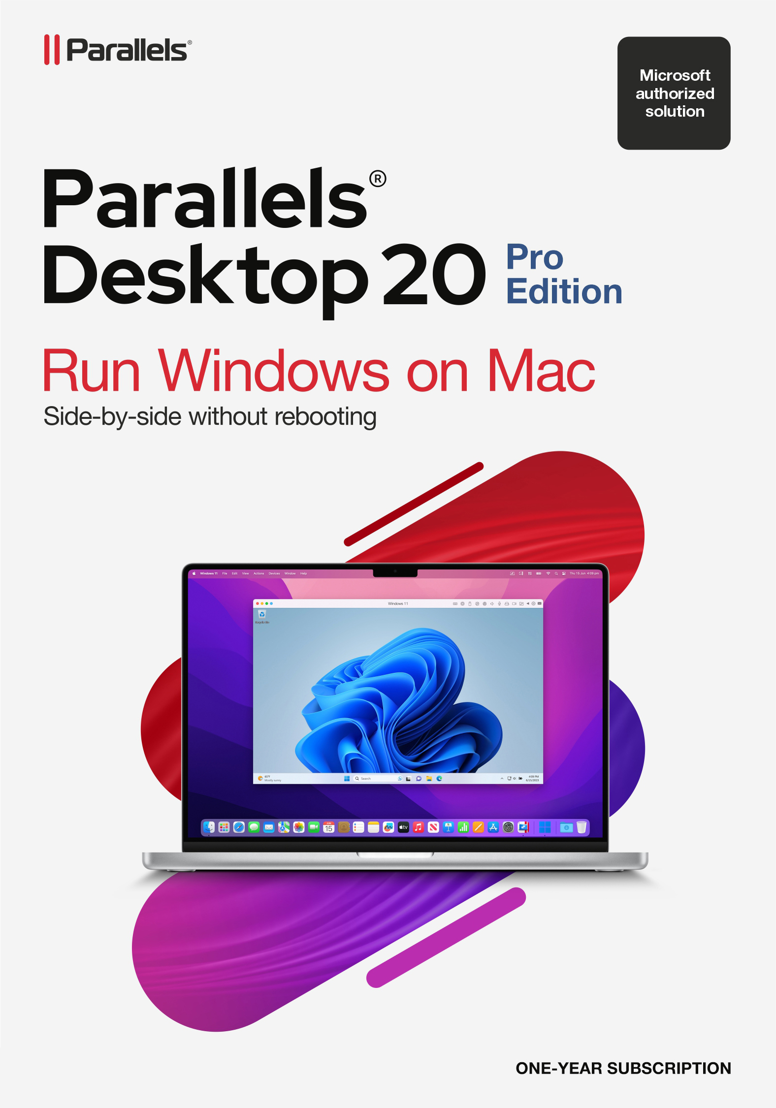 Eine Parallels Desktop 20-Box mit einem Laptop, auf dem Windows läuft.