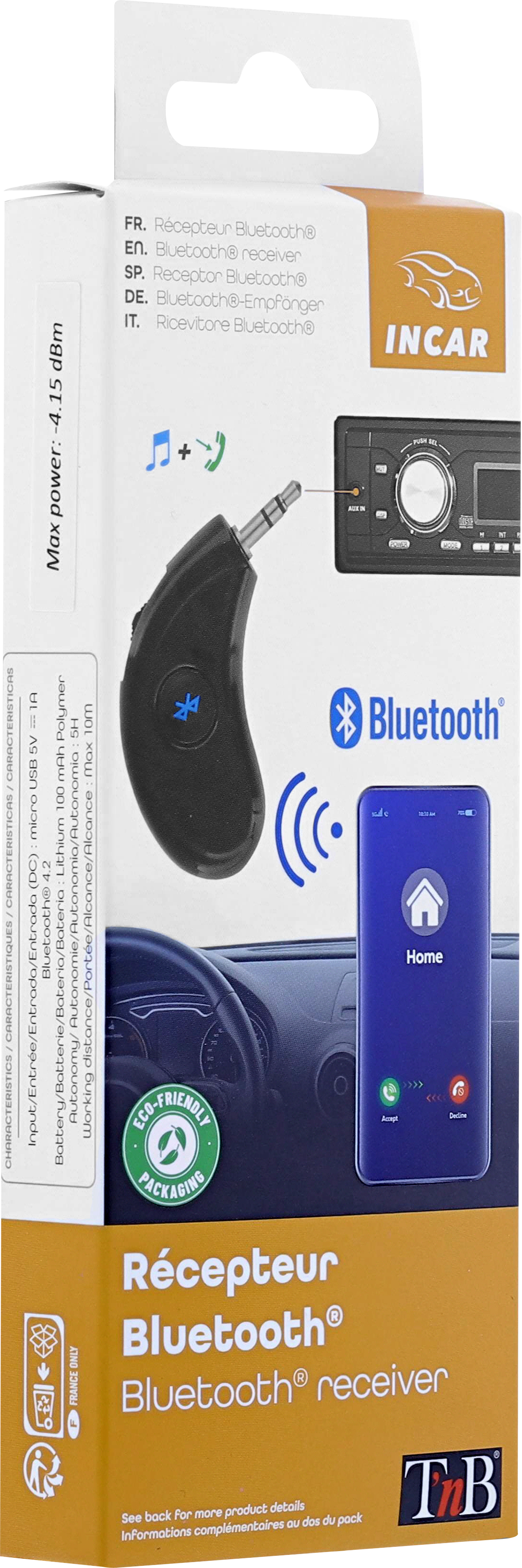 Récepteur Bluetooth pour autoradio, dans un emballage avec intérieur de voiture.