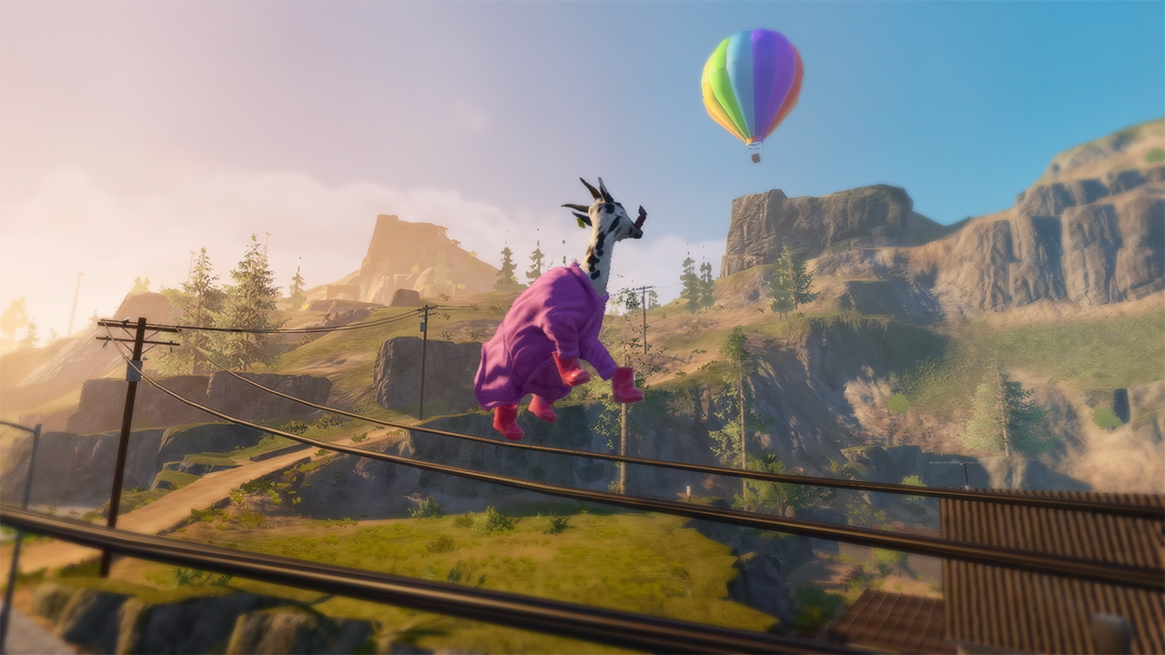 Chèvre en costume rose volant au-dessus d'un paysage avec montgolfière.