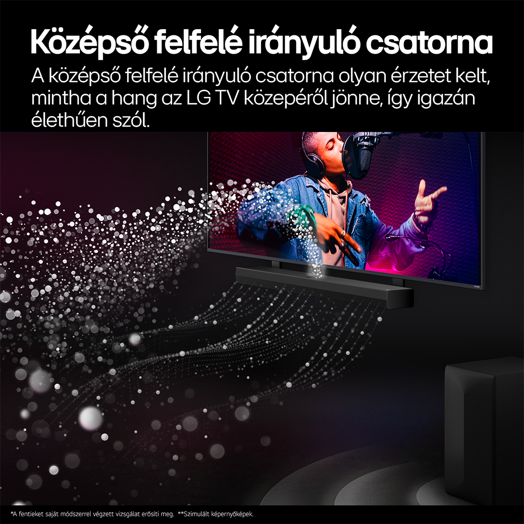 TV hangprojektorral és hanghullámokat ábrázoló grafikával, éneklő férfival.