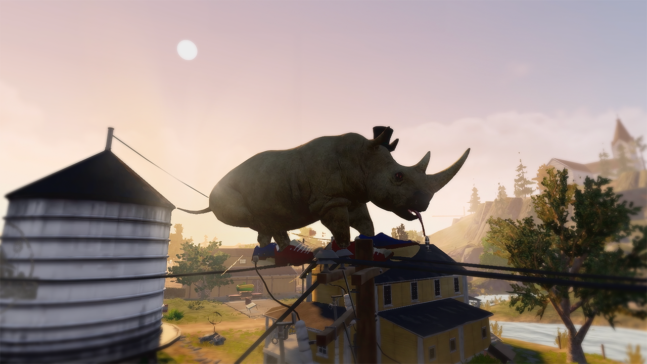 Un rhinocéros portant des chaussures et un chapeau est en équilibre sur des lignes électriques au-dessus d'une maison.