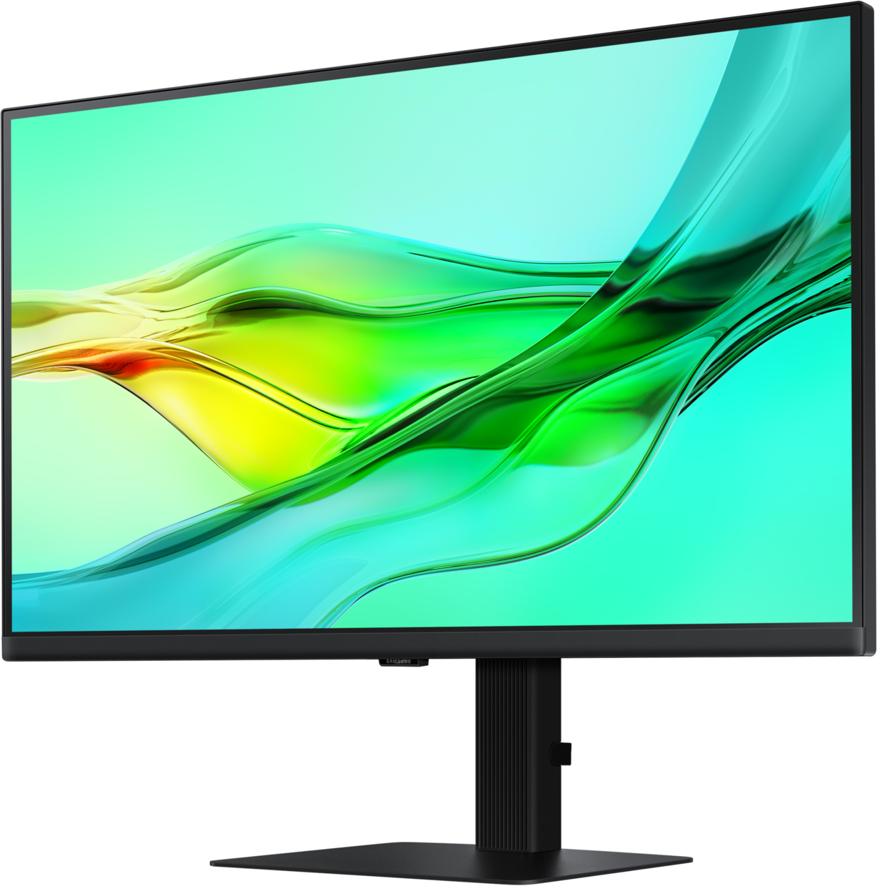 Monitor nero con un'immagine colorata sullo schermo. Il monitor è su un supporto.