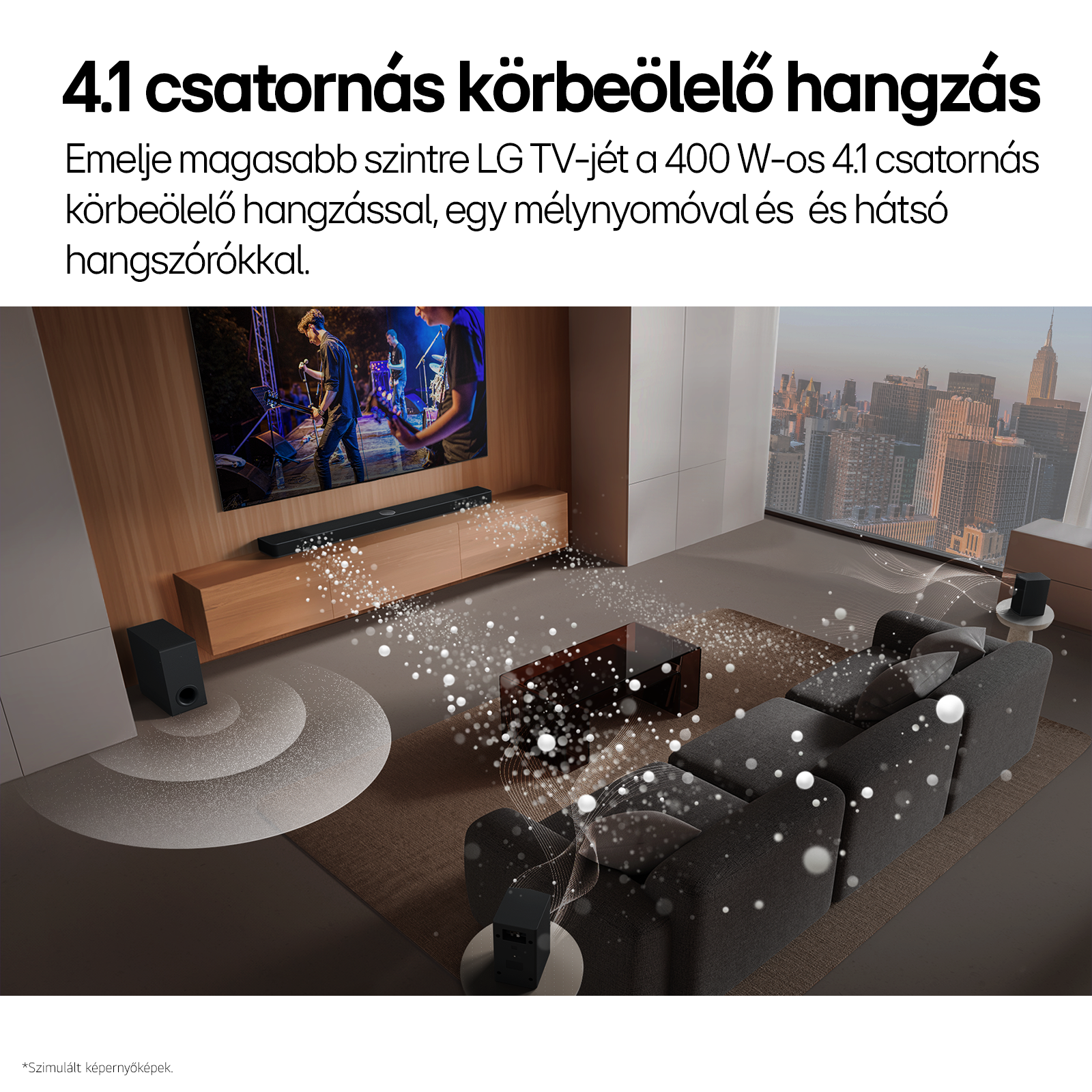 Nappali TV-vel és soundbarral. Szöveg: 4.1 csatornás surround hang.