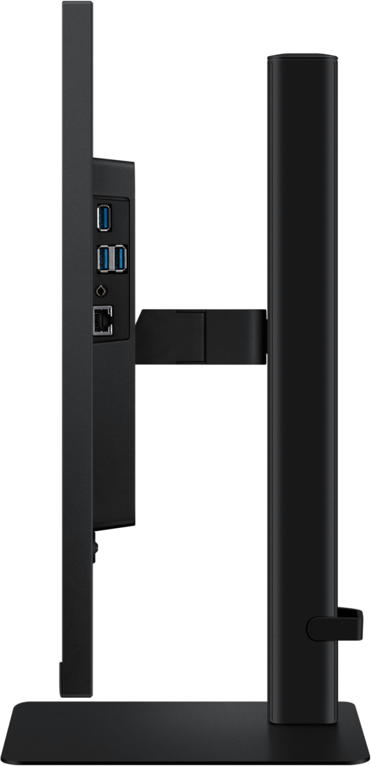 Monitor del computer nero, vista laterale. Le porte includono USB ed Ethernet. Design minimalista, supporto nero.