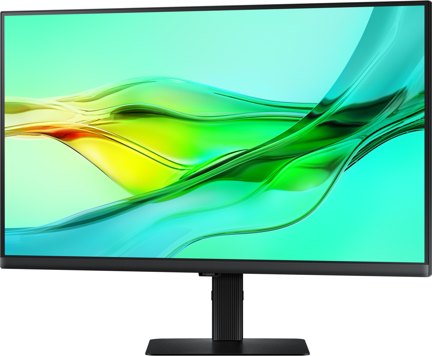 Un monitor moderno con cornice e supporto neri che mostra un'immagine astratta colorata.