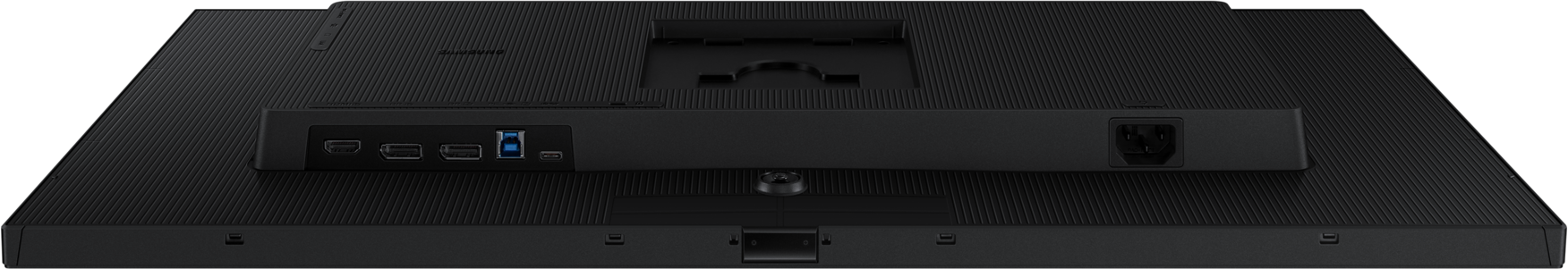 Sono visibili le porte di un monitor Samsung nero, tra cui HDMI, USB.