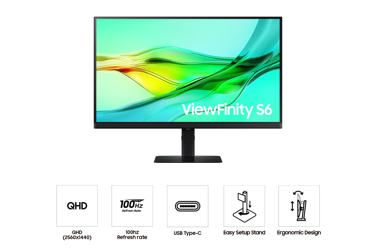 Un monitor nero con sfondo verde e blu. Le caratteristiche sono elencate di seguito.