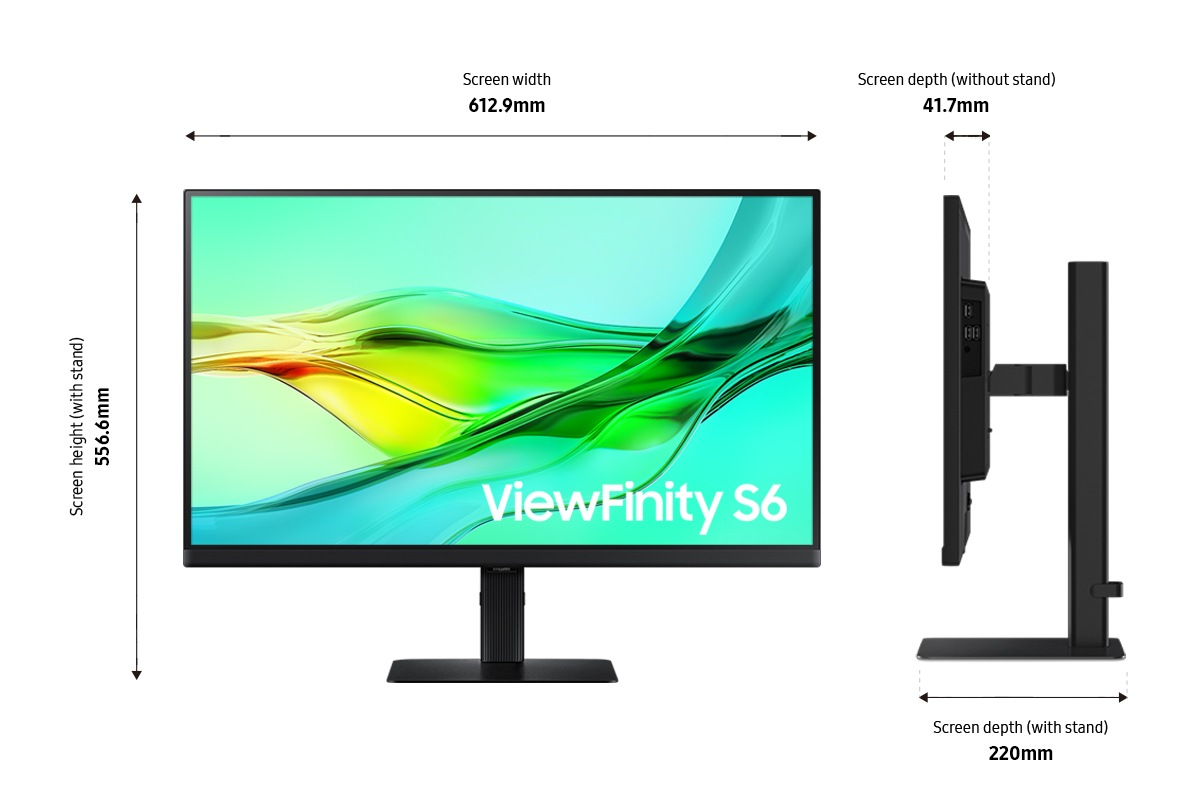 Monitor con dimensioni, vista laterale con supporto e pannello posteriore con porte.