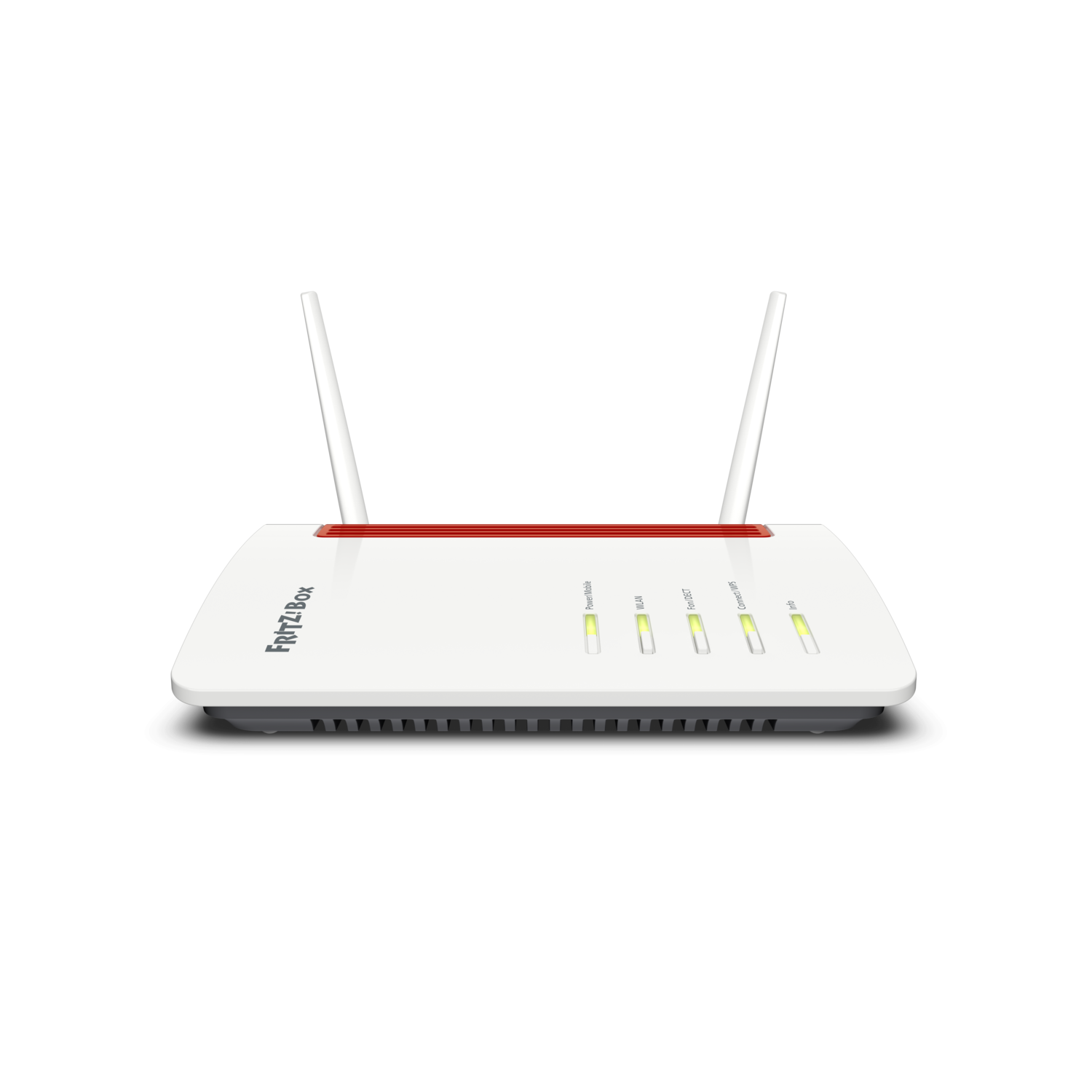 Routeur blanc et rouge avec deux antennes et lumières vertes et jaunes. Fond noir.