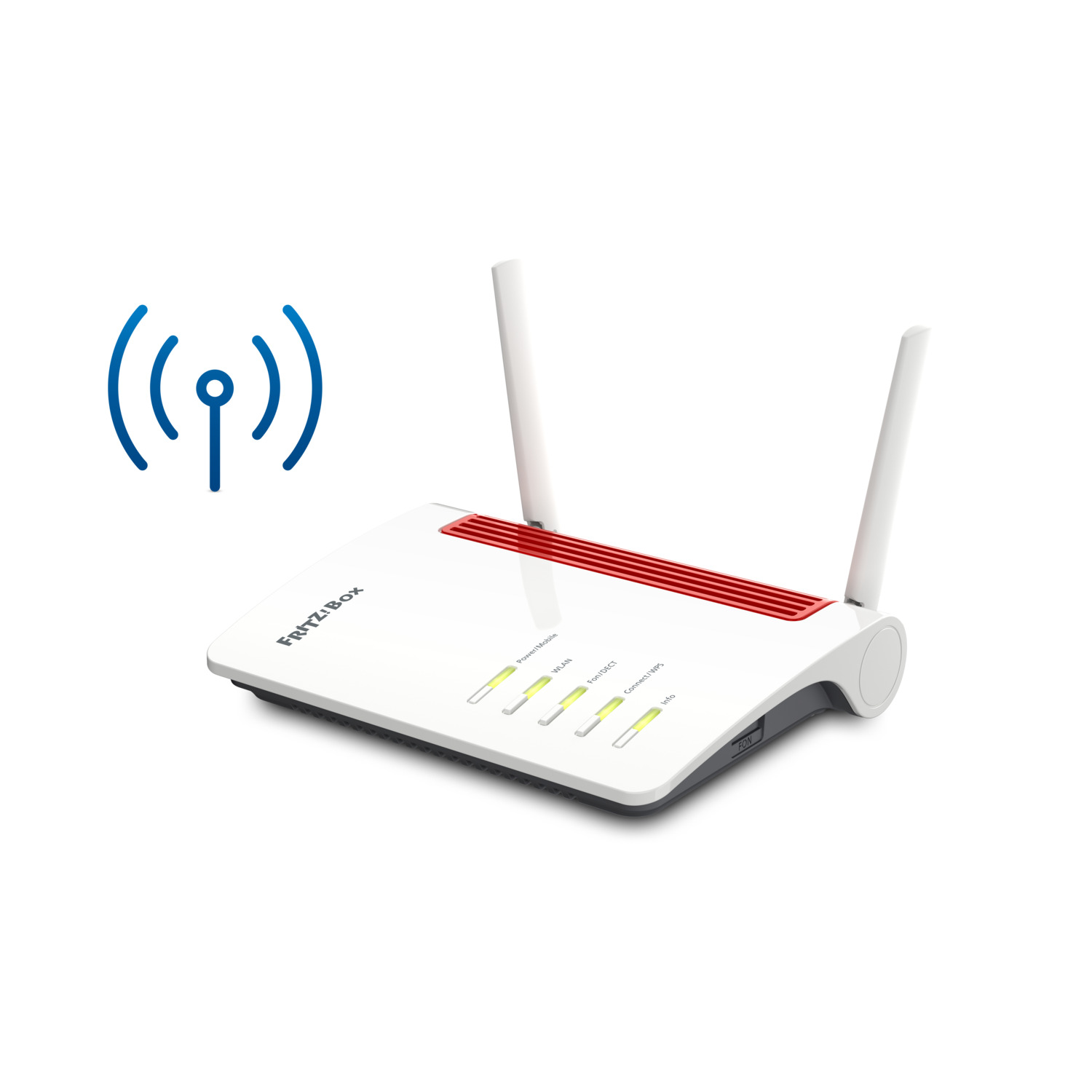 Routeur Frit!Box blanc et rouge avec deux antennes, affichant l'icône de signal sans fil.