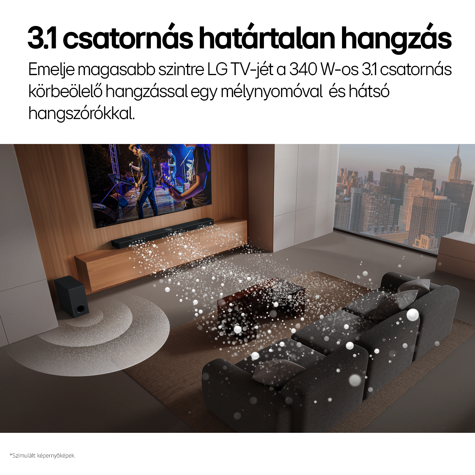 Nappali TV-vel és soundbarral. Hanghullámok illusztrációja. Városkép az ablakon kívül.