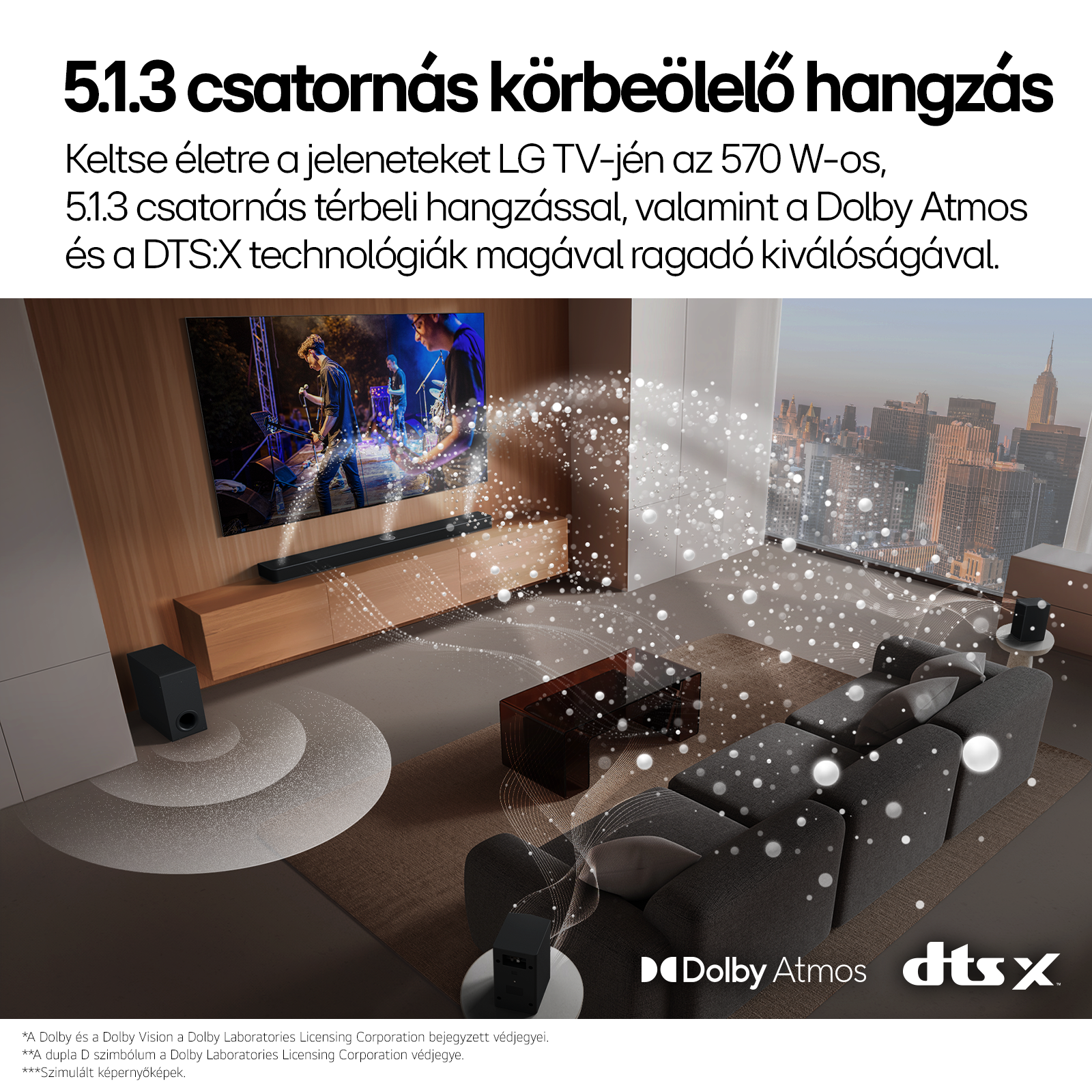 Nappali TV-vel, soundbarral, mélynyomóval, városképpel.