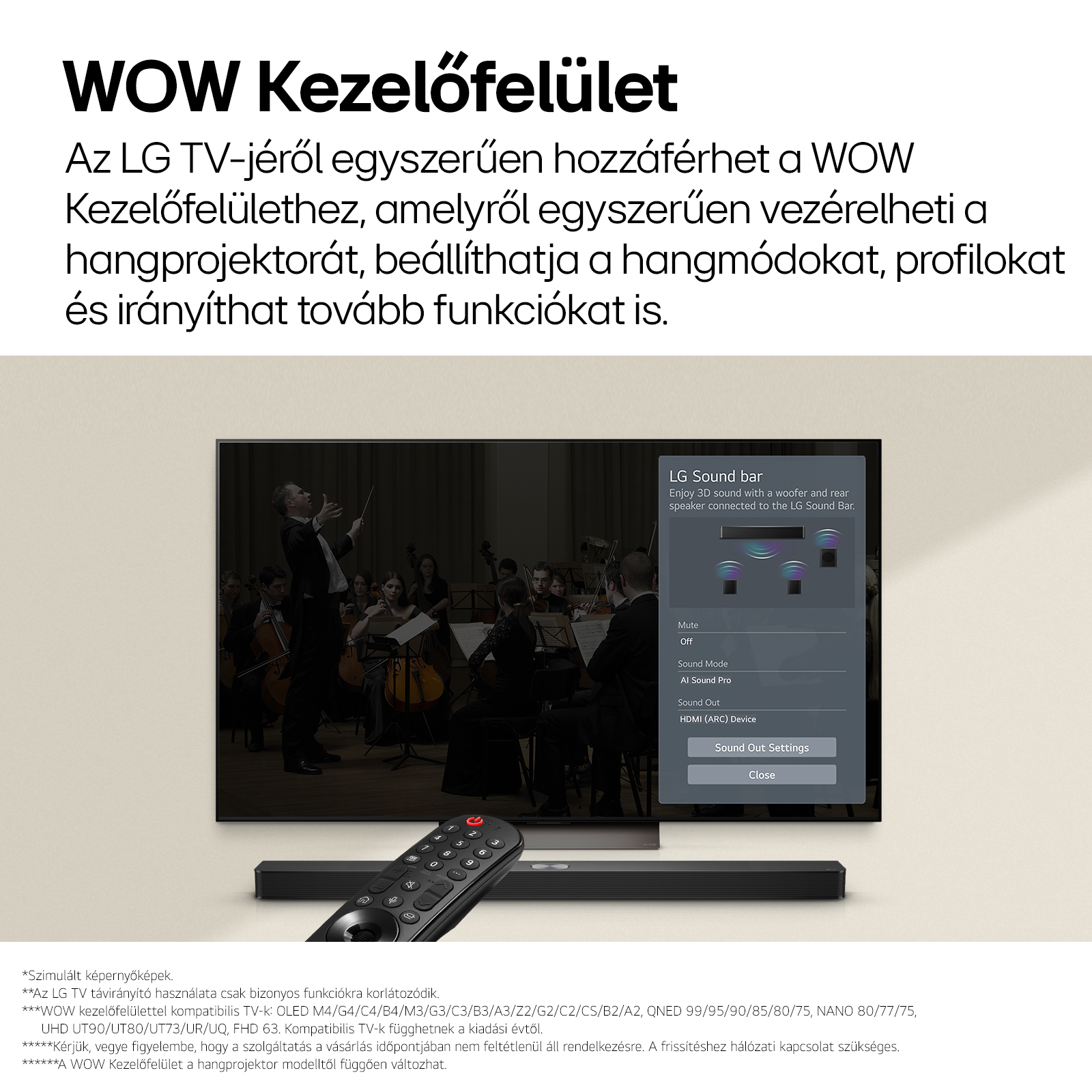 TV képernyő felülettel és távirányítóval, hangprojektor alul.