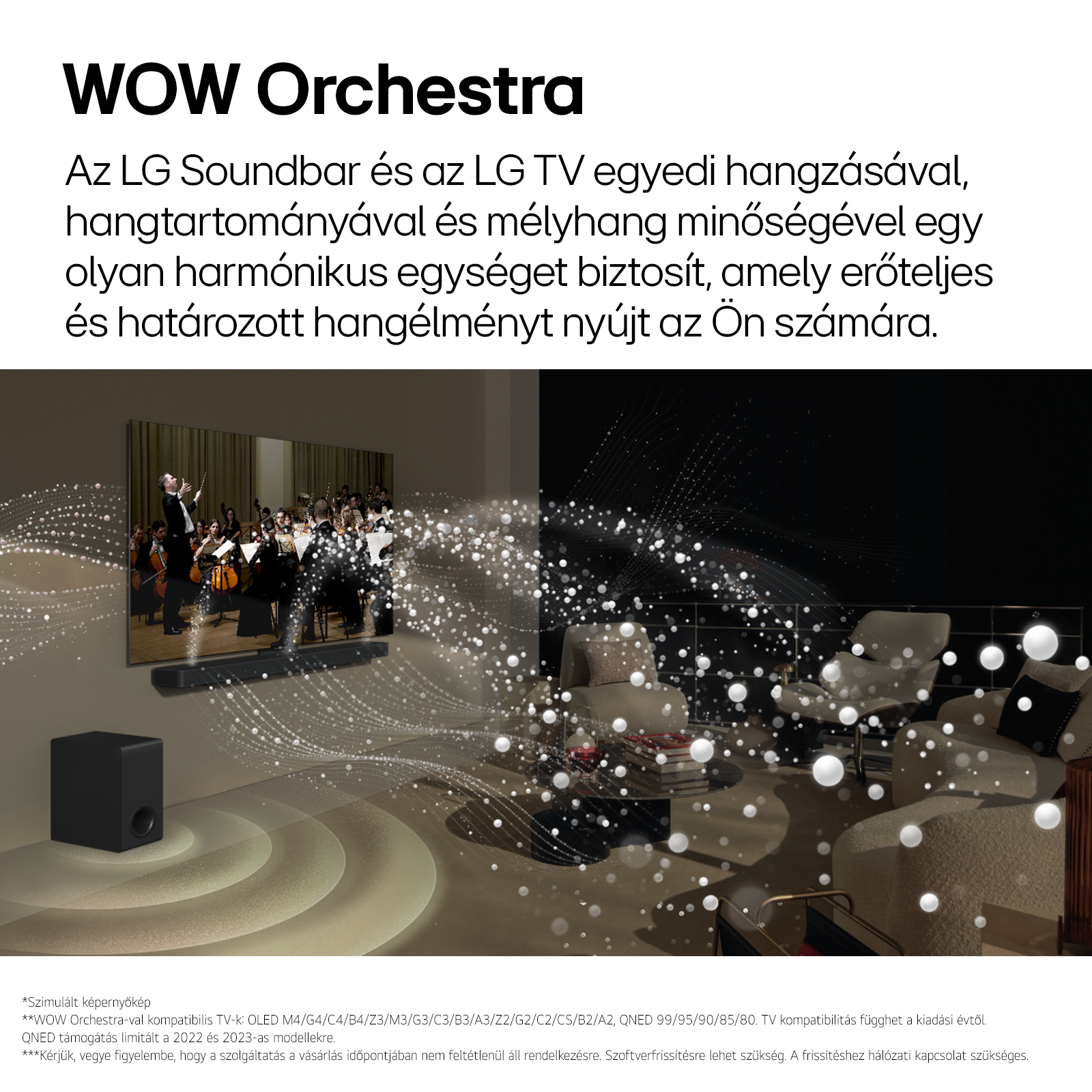 A kép egy nappalit mutat, egy soundbarral és egy mélynyomóval. A szöveg: WOW Orchestra, és információk.