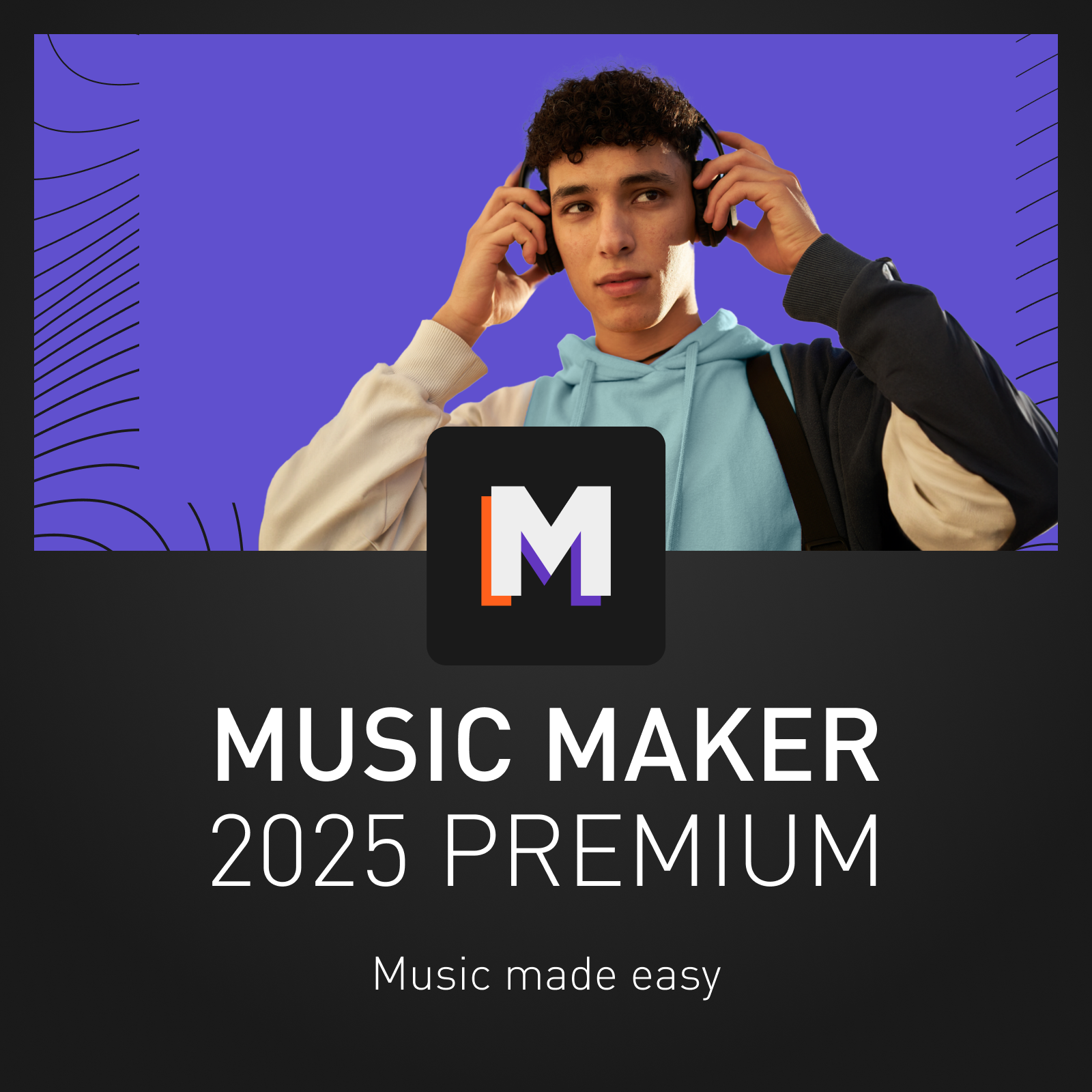 Ein junger Mann mit Kopfhörern hält diese. Eine Music Maker 2025 Premium Werbung.