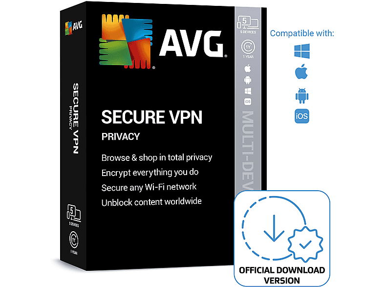Avast Secure VPN, 5 Geräte (1 Jahr) [Download Code]; Electronic Software Download