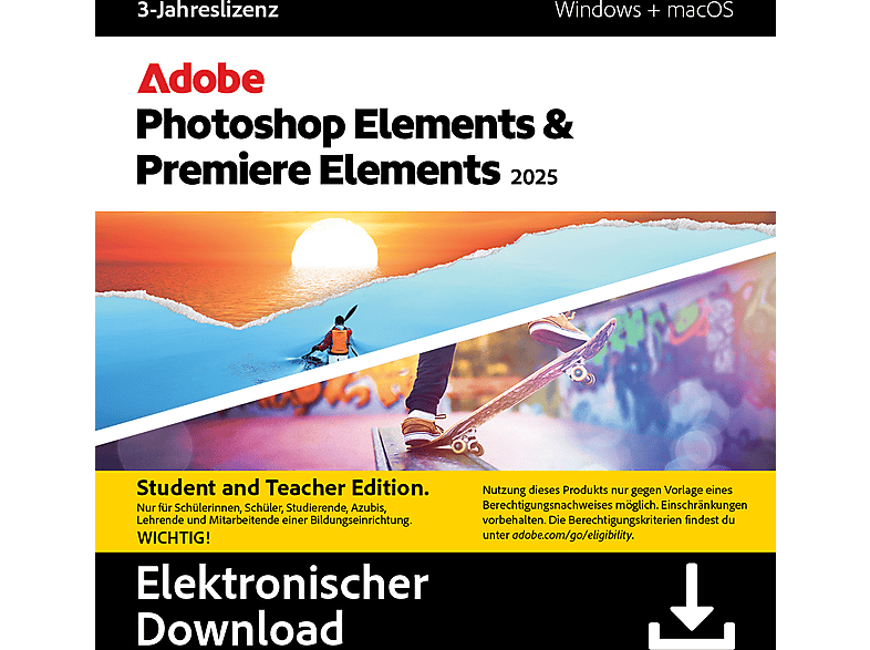Adobe Photoshop & Premiere Elements 2025 Studierende & Lehrende, 1 User (3 Jahre) - Multiplattform [Download Code]; Electronic Software Download