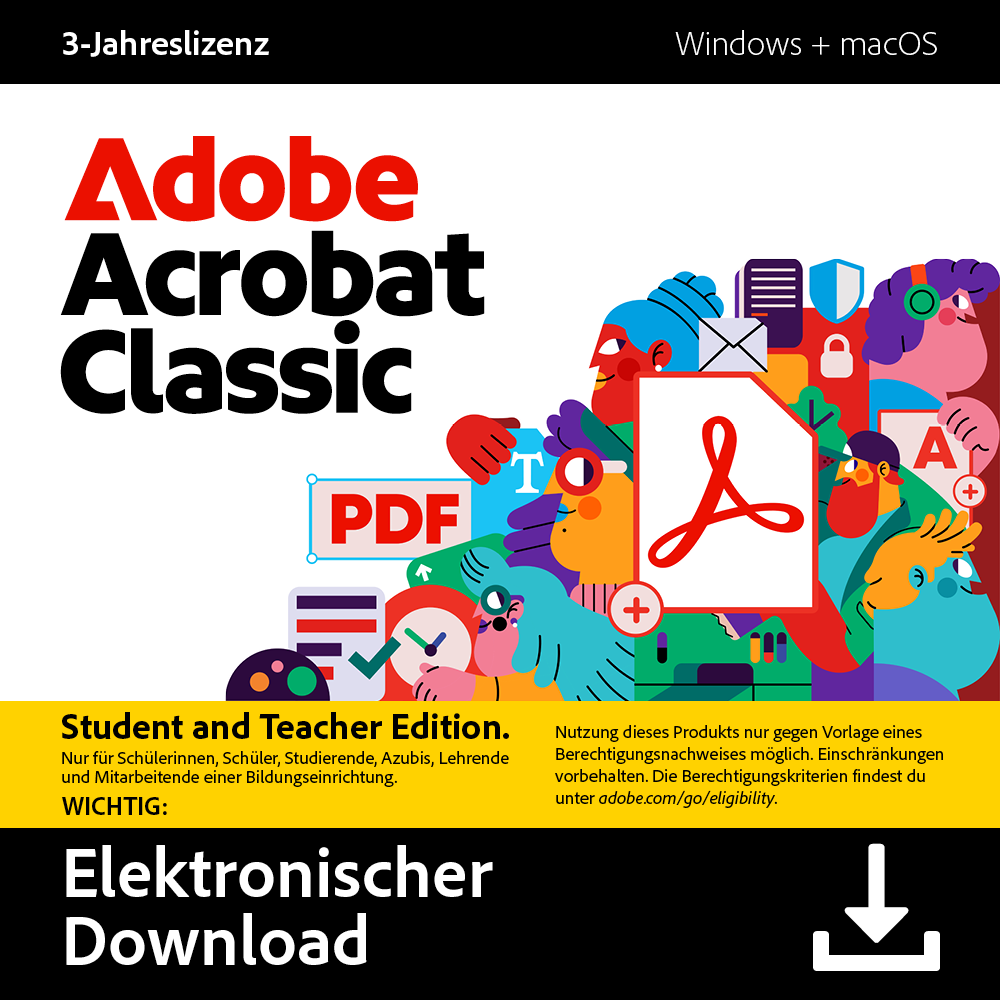 Adobe Acrobat Classic-Werbung mit Illustrationen auf gelbem Hintergrund mit Text und Download-Pfeil.