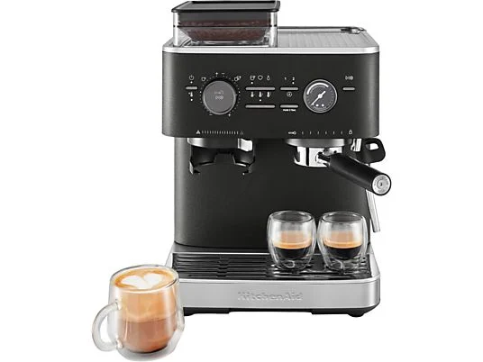 Schwarze KitchenAid Espressomaschine mit Tassen Kaffee.