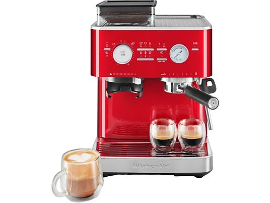 Rote Espressomaschine mit zwei Espresso-Gläsern und einer Latte-Tasse.