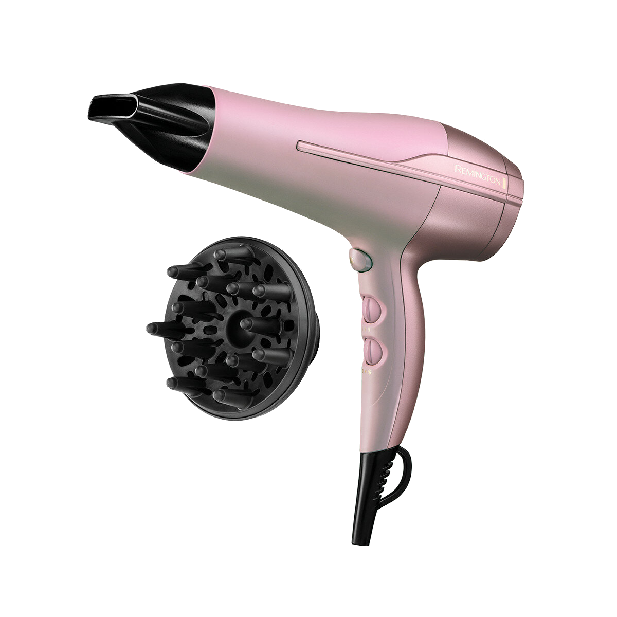 Różowa suszarka do włosów z czarną dyszą i dyfuzorem, na czarnym tle. Marka Remington.