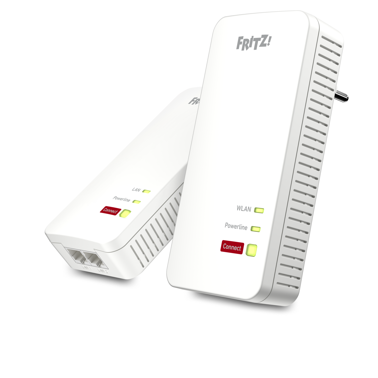 Deux répéteurs WLAN AVM FRITZ! blancs. L'un est branché sur une prise murale, l'autre est posé sur une surface.