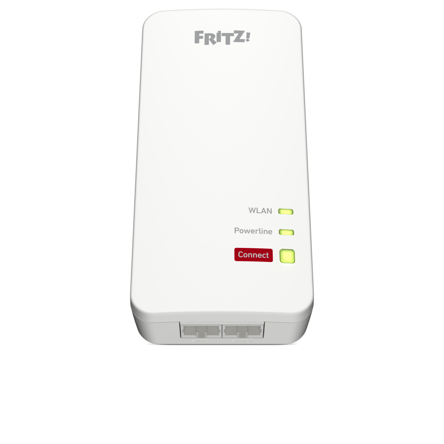 Appareil réseau blanc avec trois lumières vertes. Bouton rouge 'Connecter'. Fond blanc.