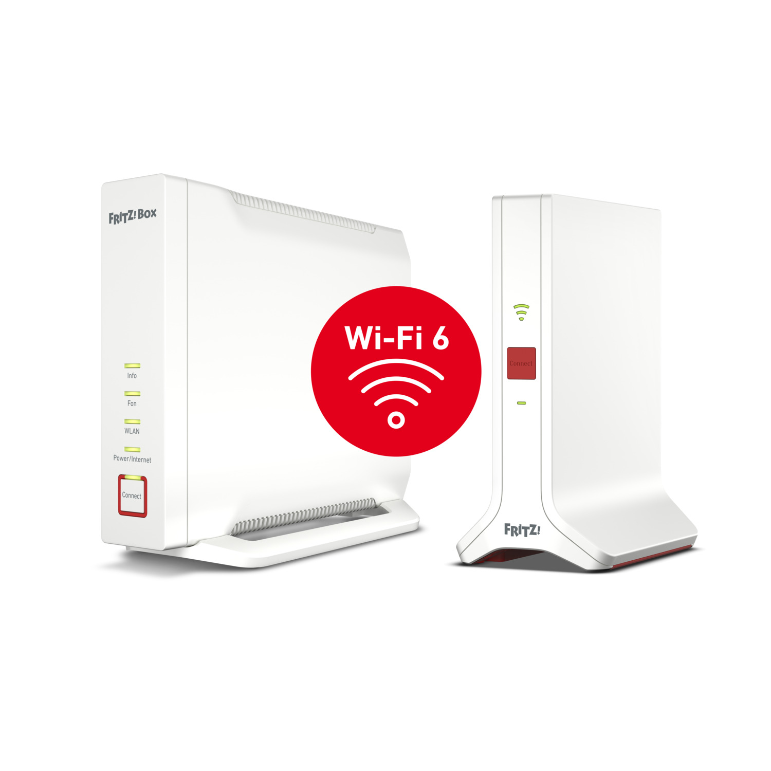 Two white routers. Text in the middle: Wi-Fi 6.