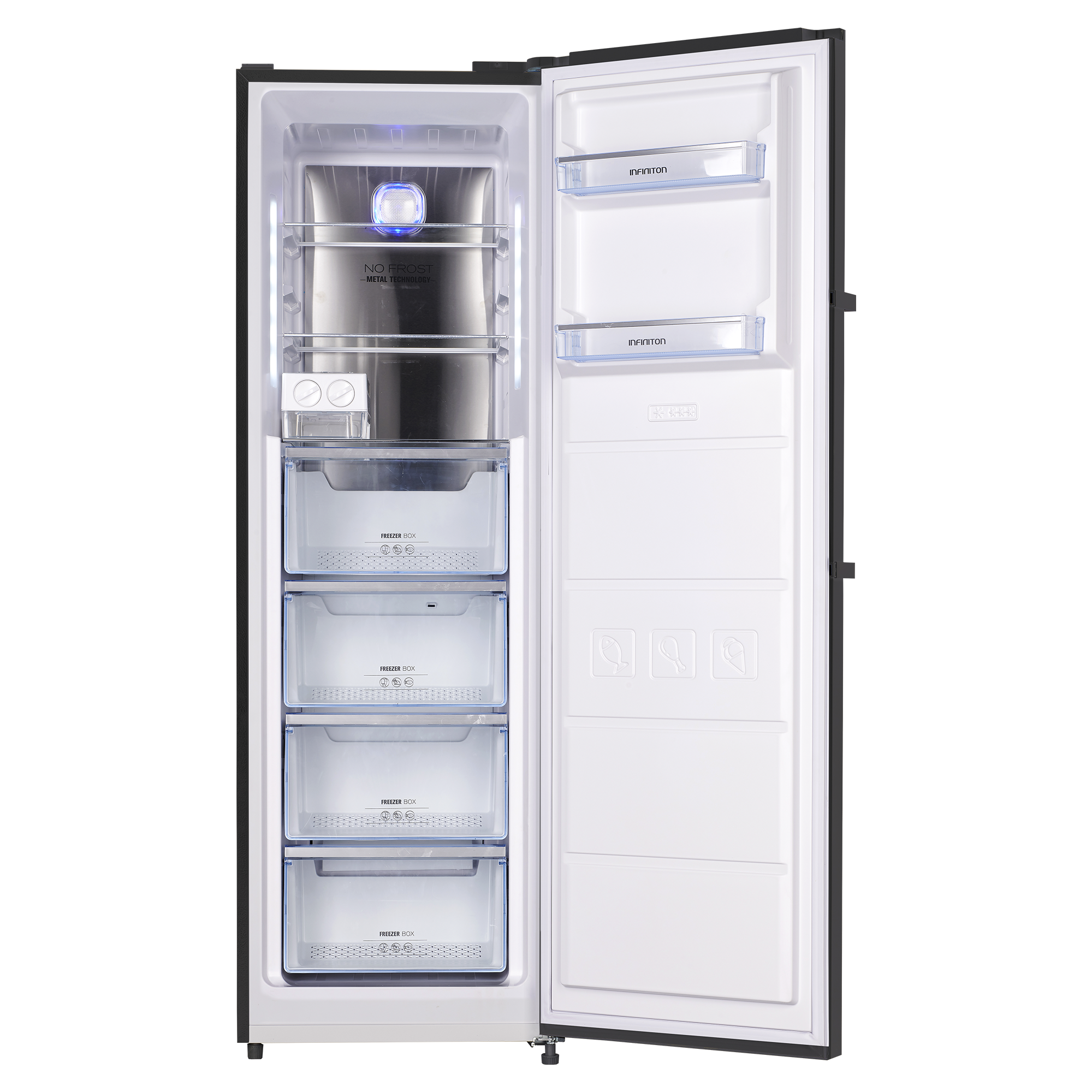 Refrigerador con puerta abierta, revelando cajones y estantes. Interior blanco.