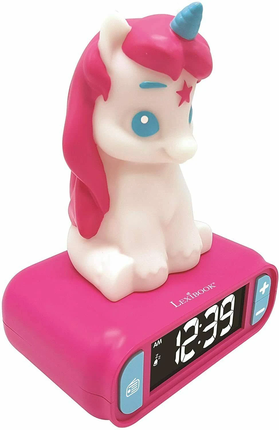 Despertador de unicornio rosa con pantalla de hora.