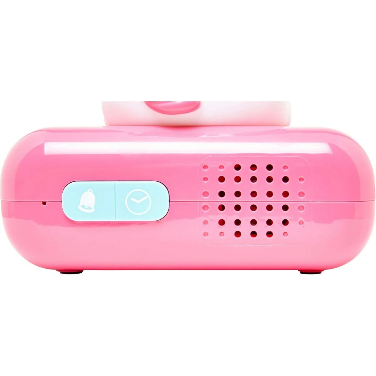 Una cámara de juguete rosa con botones y un altavoz en la parte trasera.