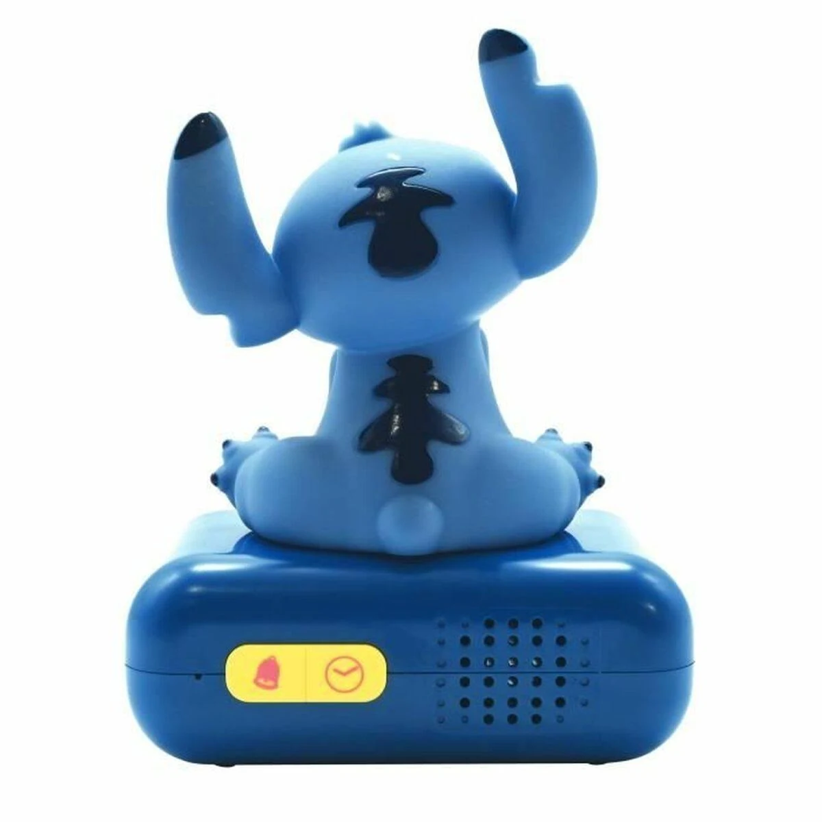 Un juguete de despertador Stitch en azul con un botón de campana amarillo.