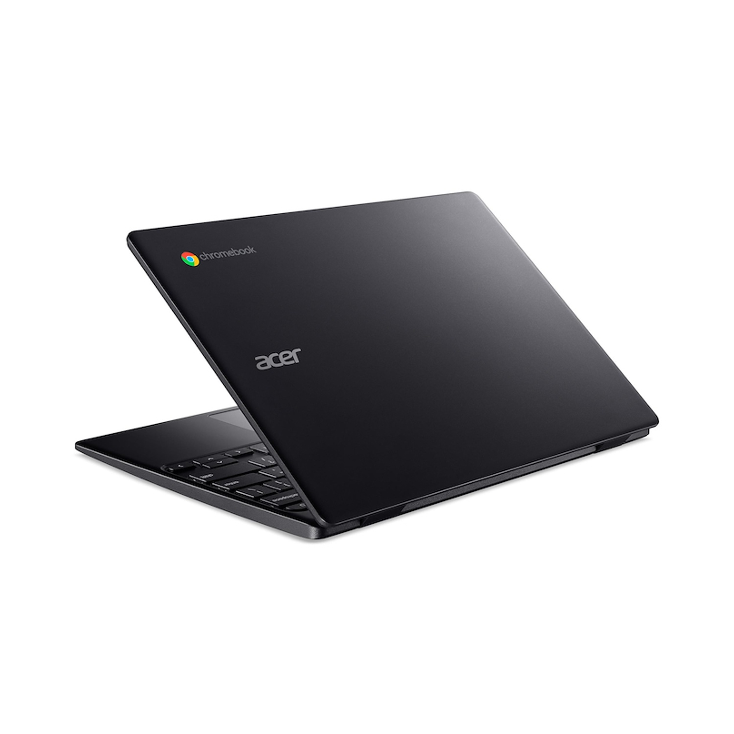 Laptop Acer Chromebook nero, aperto e angolato. Il retro è visibile. Il logo Chromebook è presente.