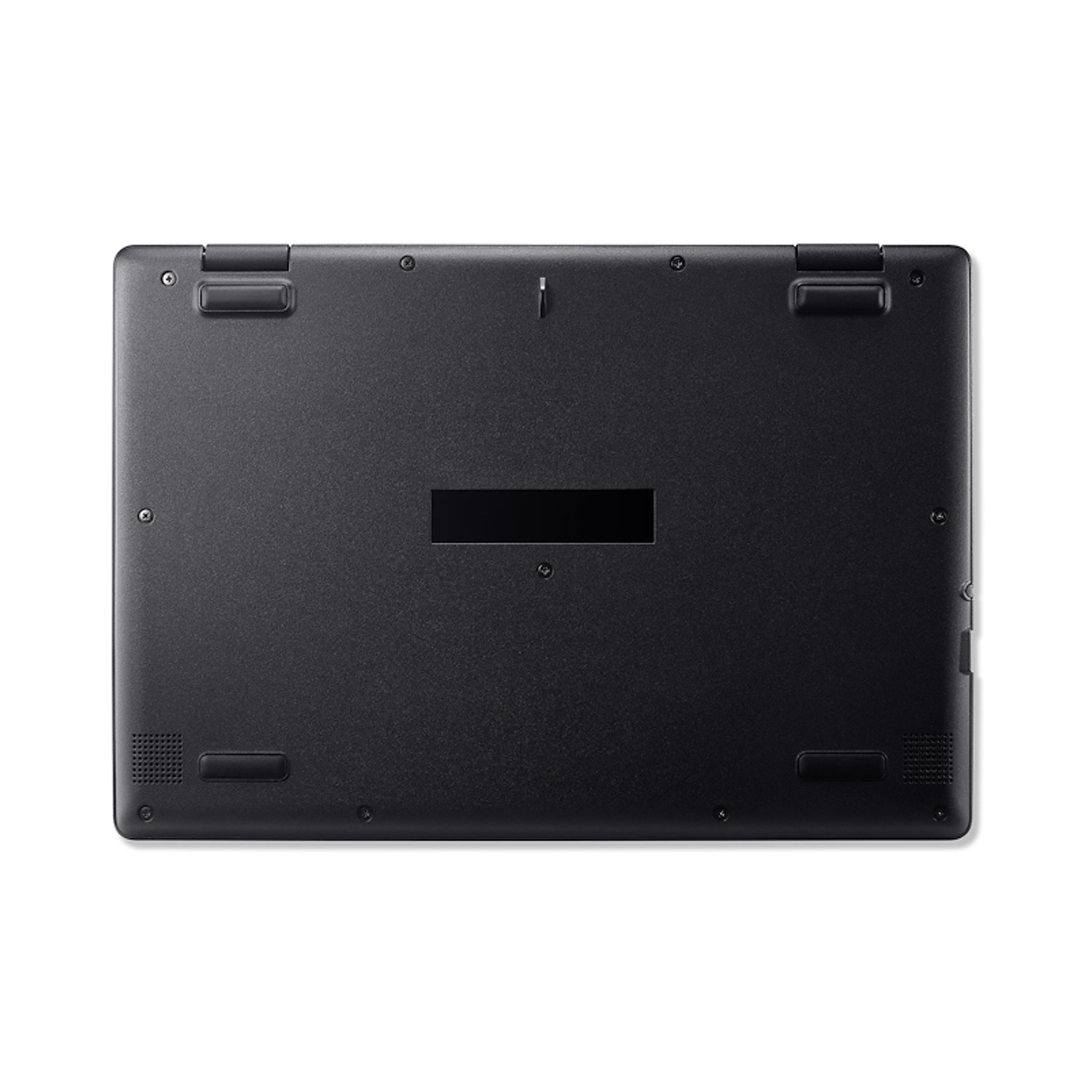 Parte inferiore del laptop nero con fori di ventilazione, viti e piedini in gomma.