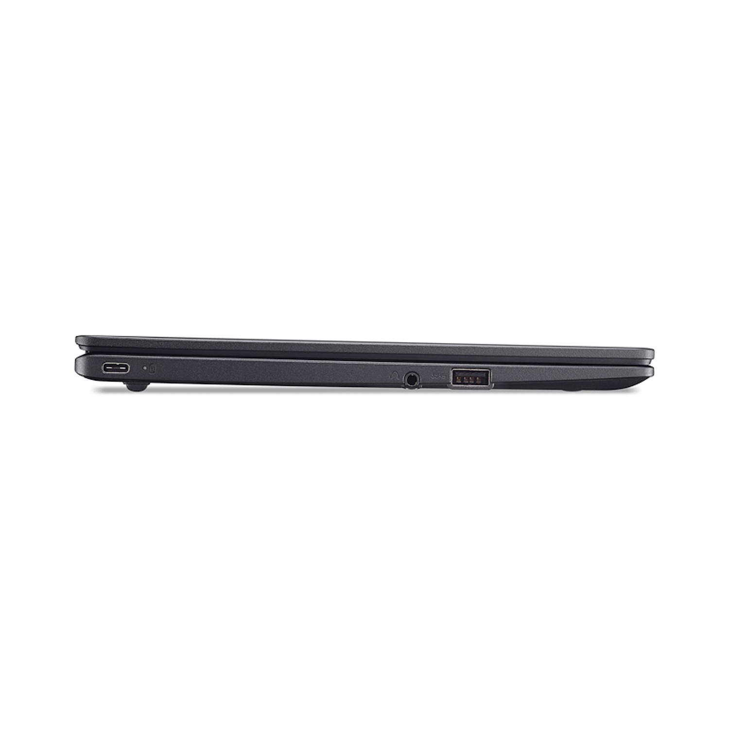 Vista laterale di un laptop nero, che mostra le porte e una connessione USB.