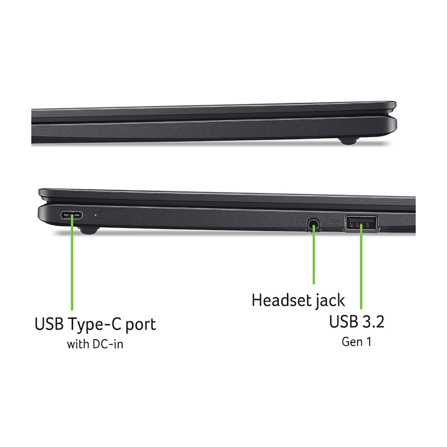 Vista laterale di un laptop nero con porta USB Type-C, jack per cuffie e porta USB 3.2 Gen 1.