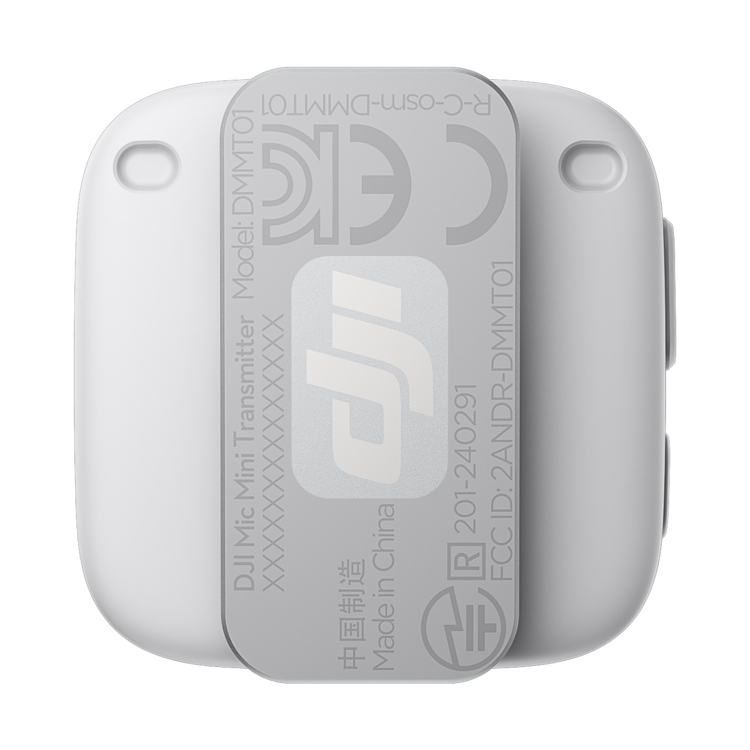 Trasmettitore microfono mini DJI bianco con testo e loghi, su sfondo bianco.
