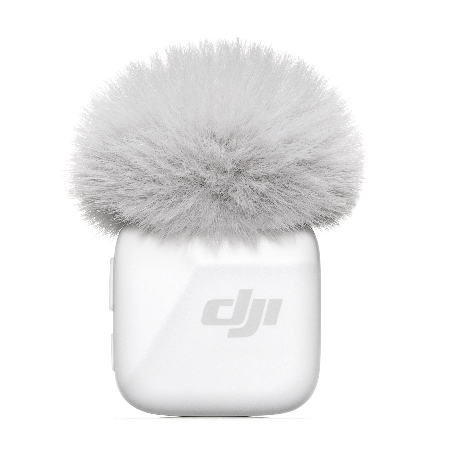 Un microfono wireless bianco con una soffice copertura grigia.