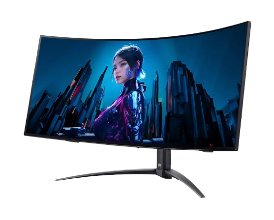 Un monitor curvo muestra a una mujer sobre un fondo de ciudad futurista.